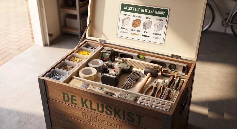 Open Kluskist met gereedschap en verbruiksmateriaal in een garage.
