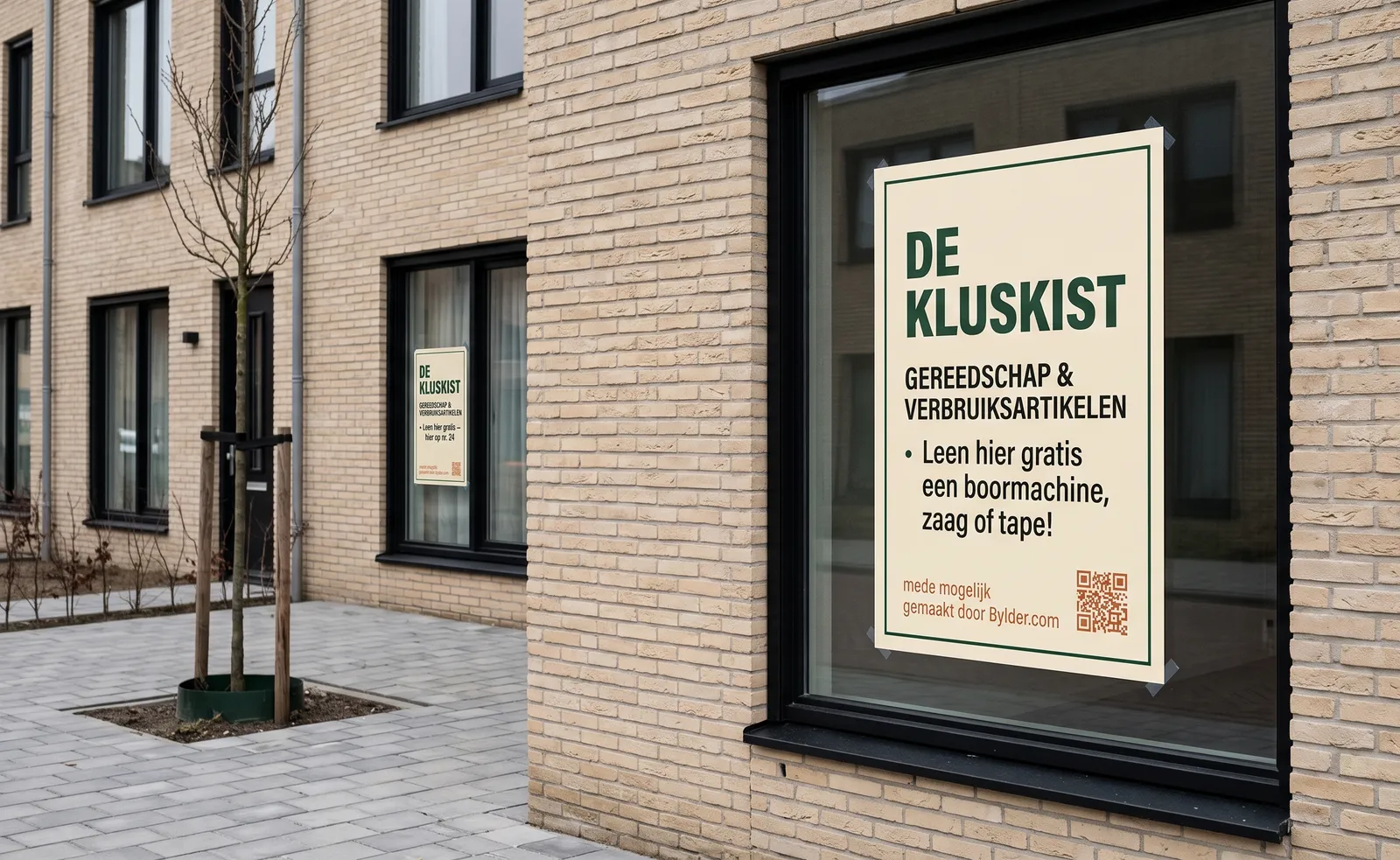Raambord met 'De Kluskist' voor het raam van een nieuwbouwwoning: leen hier gratis gereedschap, mede mogelijk gemaakt door Bylder.