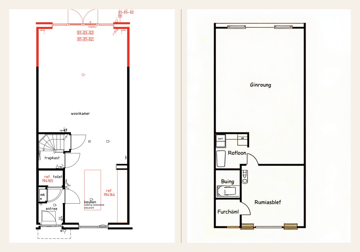 Voorbeeld: een echte bouwtekening (links) opgeschoond (rechts). Indicatief beeld.